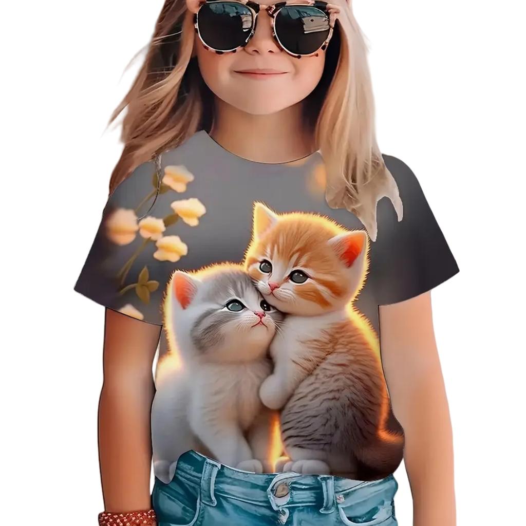 Каваи Футболки с Котиками для Детей Топы Девочка Футболка с Коротким Рукавом Летняя Одежда для Девочек Одежда с Круглым Вырезом Уличная Футболка для Мальчика