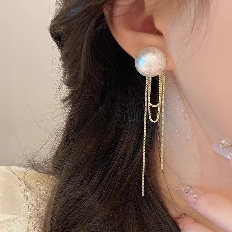 Korean Fashion Imitation Pearl Dangle Earrings Elegant Round Shape Chain Tassel Drop Earrings For Women Bridal Earrings Party Jewelry