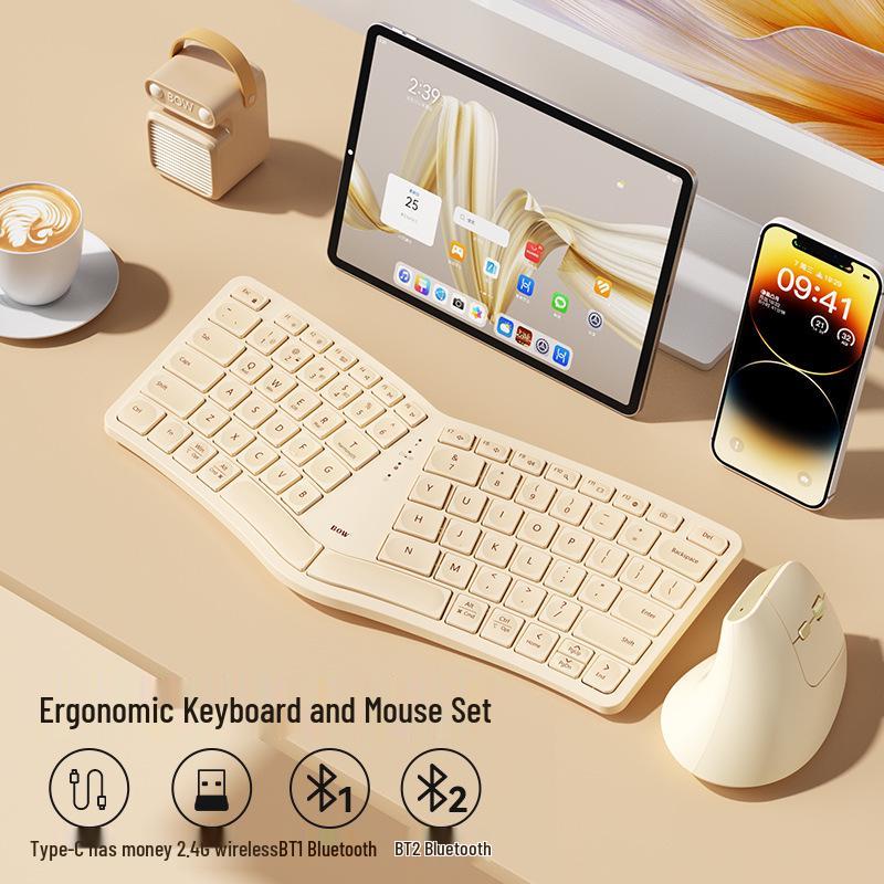 BOW Hangshi HD429CL Трехрежимная эргономичная клавиатура: Проводной, Беспроводной, Bluetooth, Перезаряжаемый, Бесшумный, Совместимый с USB.