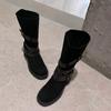 Mid-calf Square Heel Modern Boots Slip-on Round Toe 2024 High Quality Women's Shoes Mid Heel Solid Buckle Women's Boots