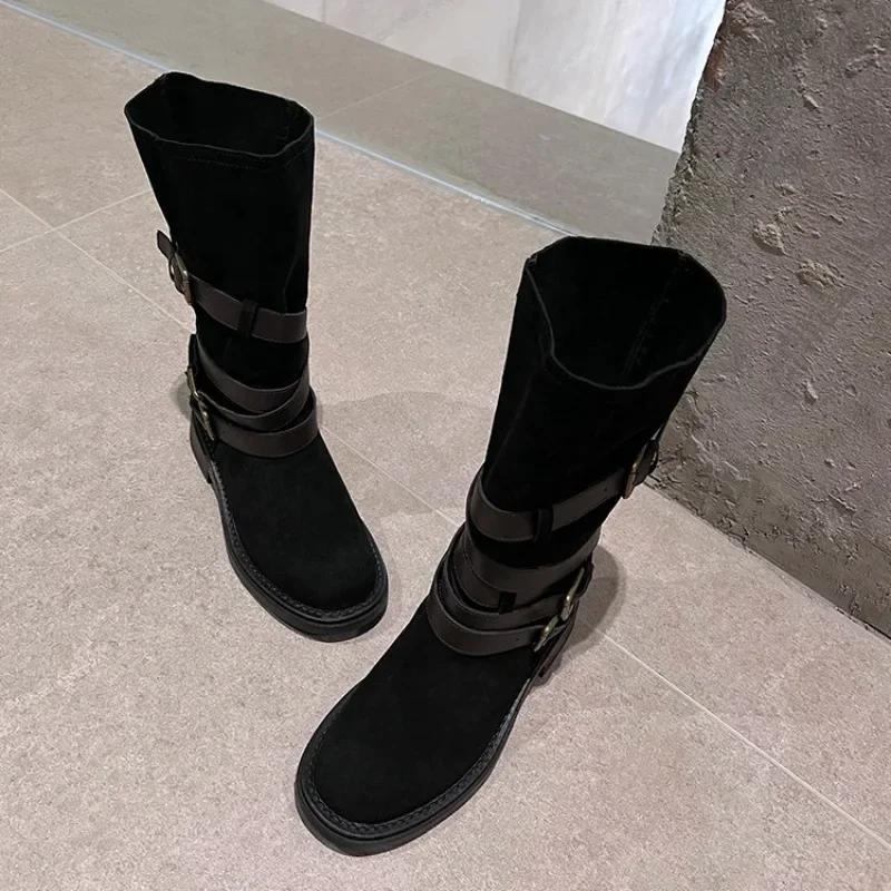 Mid-calf Square Heel Modern Boots Slip-on Round Toe 2024 High Quality Women's Shoes Mid Heel Solid Buckle Women's Boots