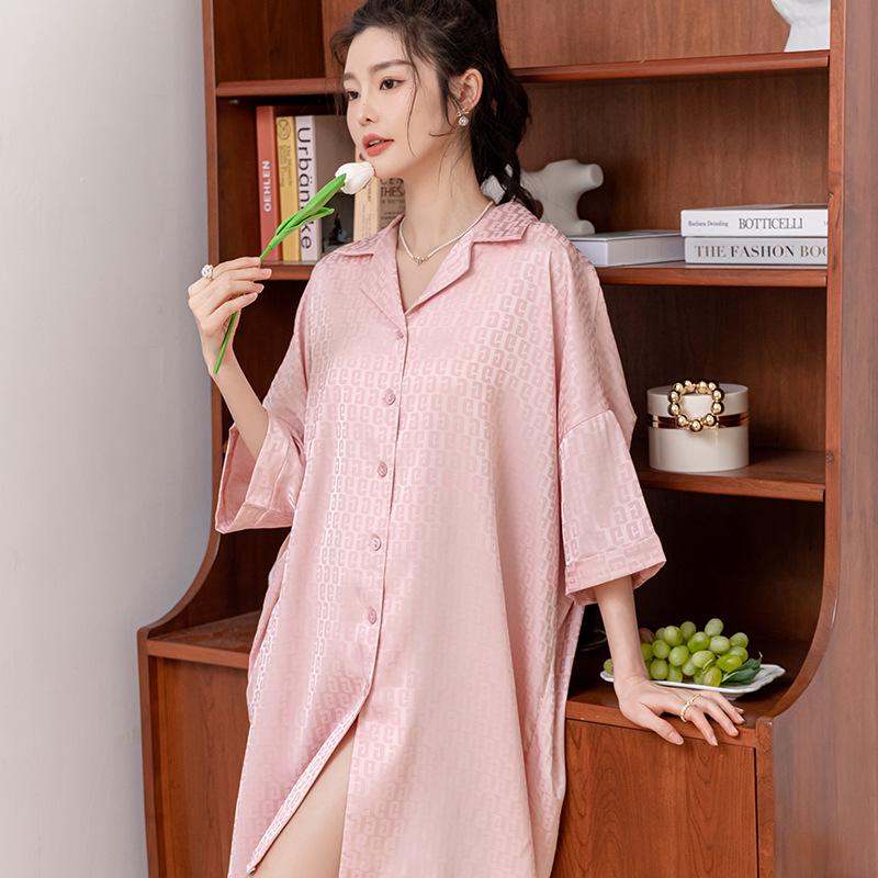Ice Silk Jacquard Shirt Dress Nightdress: 2024 Spring/Autumn Collection