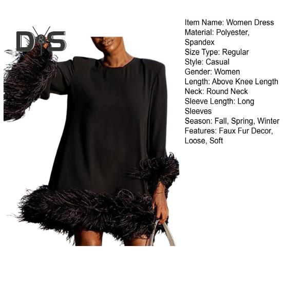 Women Fall Spring Dress Loose Round Neck Fuzzy Faux Fur Decor Solid Color Long Sleeve Pullover H Shaped Above Knee Length Mini Dress