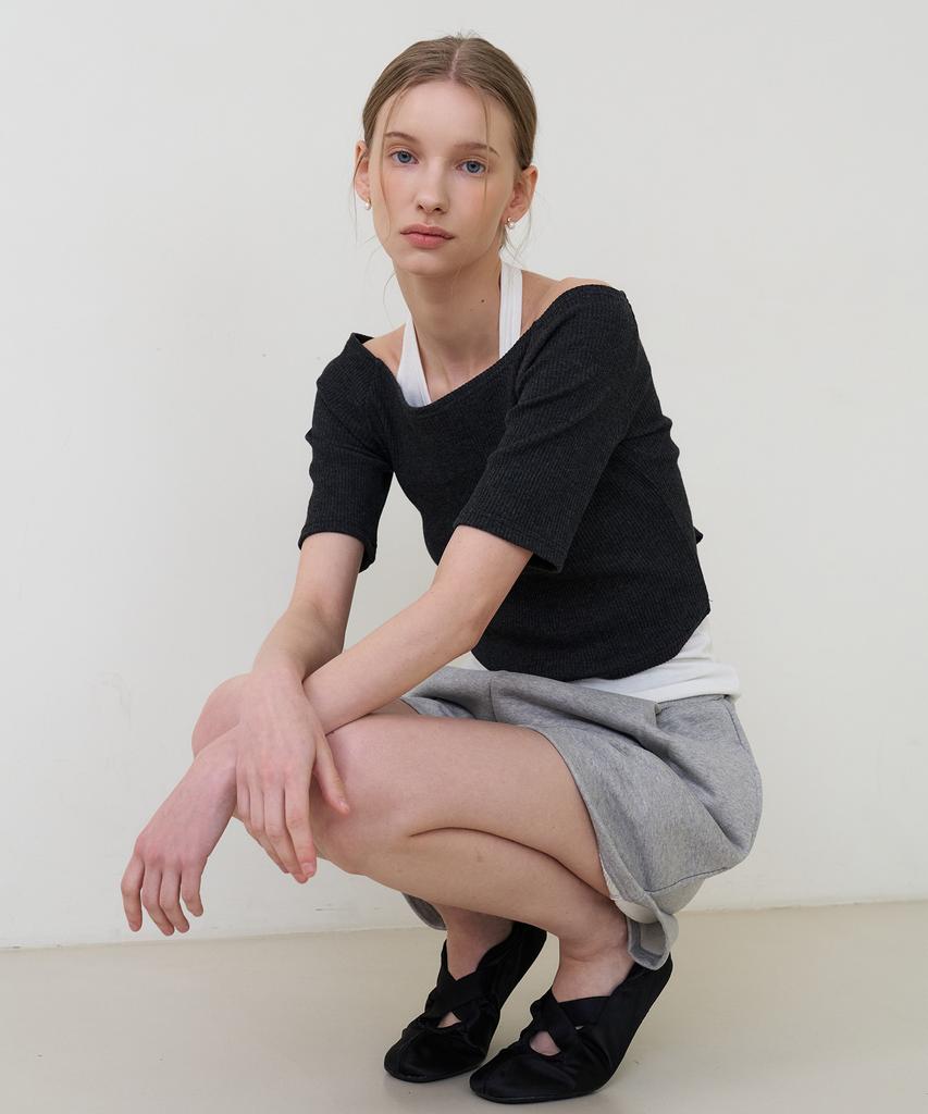 BIBYSEOB Boat Neck Layered T-Shirt Charcoal [T61]