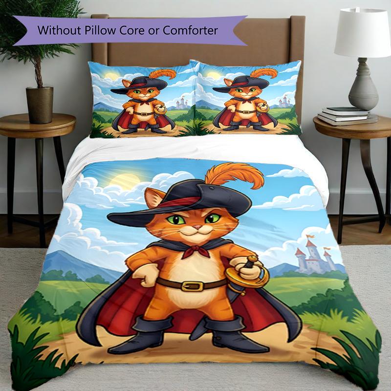 3pcs Duvet Cover Set (1*Duvet Cover + 2*Pillowcase, Without Core), Puss in Boots Print Bedding Set, Bedroom Decor, All‑Season, Birthday Gift