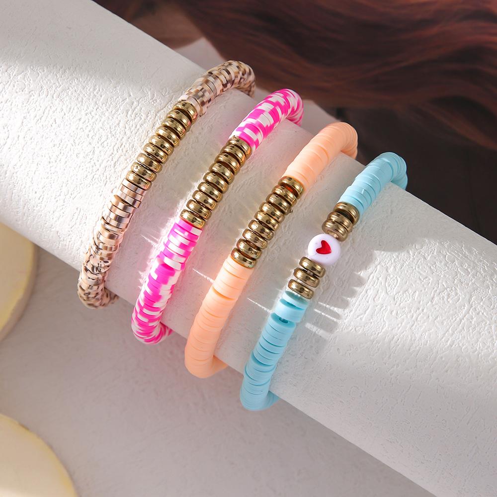 Ethnic style multi-layer acrylic love beaded bracelet 1-piece set Bohemian color soft pottery elastic bracelet
