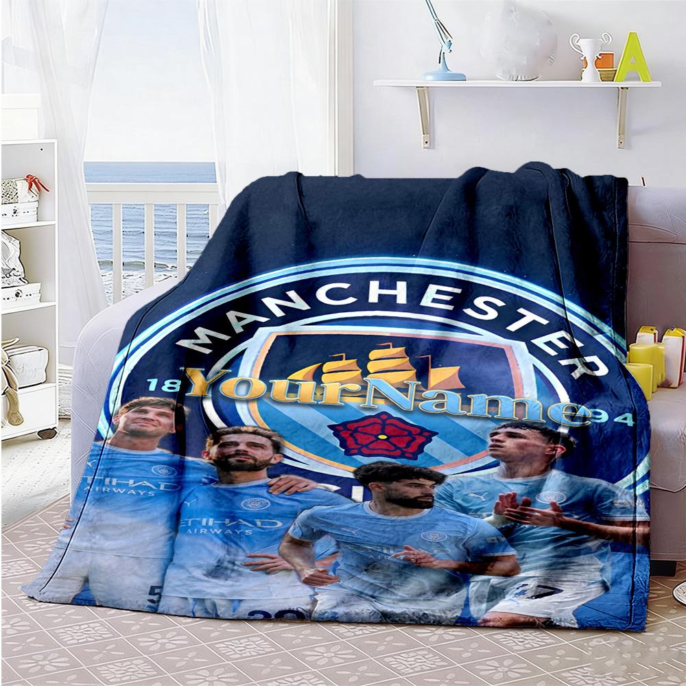 Manchester City Personalized Name Blanket Multi-purpose Customizable Blanket Soft Warm Cozy Perfect for Seaside Bed Home Decor Office Chair