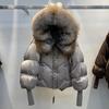 Европейская зима новая женская короткая утепленная свободная куртка с капюшоном и большим меховым воротником из лисы, стеганая, теплая
