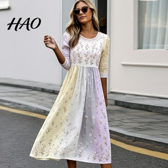 Floral Dresses for Daily Wear Long Sleeve Dress, Women Cottagecore Waist Cinching Soft Skin Friendly Autumn Midi Dress Vacation Street Party Date Chic