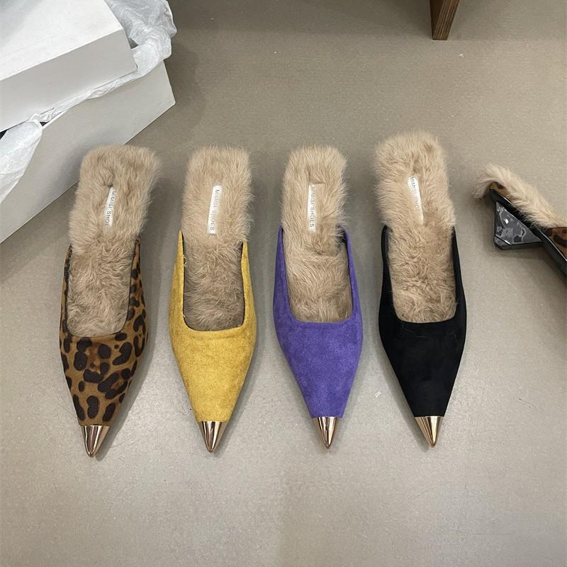 Autumn new metal pointed temperament long hair warm hair shoes triangular heel leopard print medium heel hair slippers