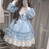 Japanese Gothic Lolita Dress Women Kawaii Bow Bear Lace Blue Dress Long Sleeve Princess Dress Halloween Costume Gift For Girls