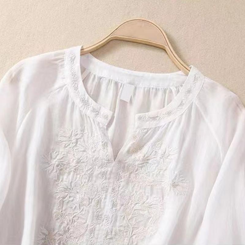Новая футболка однотонная литературная ретро вышивка свободная с V-образным вырезом пуловер топ