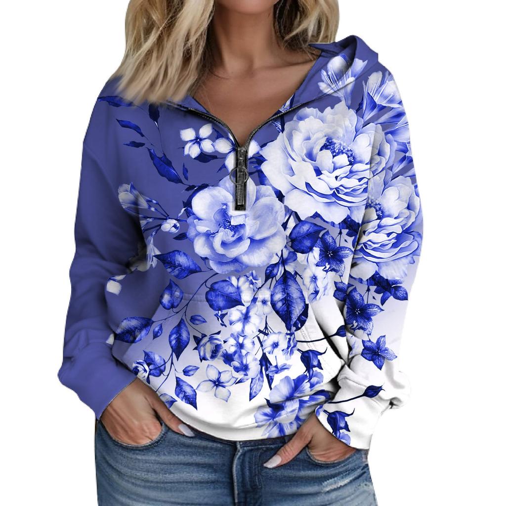 Женская мода с длинным рукавом и принтом, свободная толстовка с капюшоном на молнии и карманами