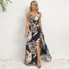 Летние женские длинные платья с бретельками без рукавов с двойным V-образным вырезом и разрезом с принтом