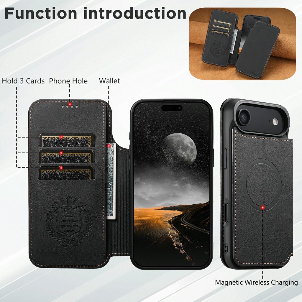 SUTENI J06 Чехол для iPhone 17 Air Кожаный чехол-кошелек с текстурой личи, совместимый с MagSafe