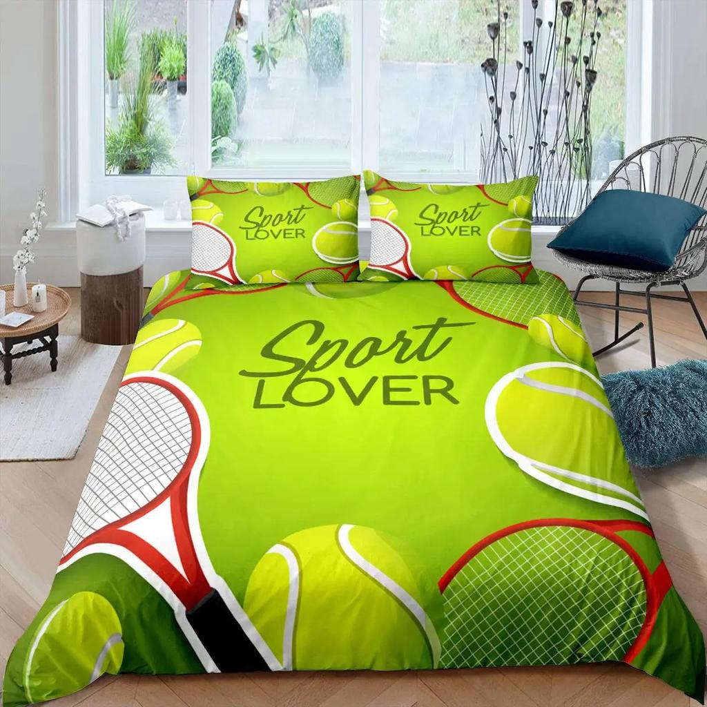 Tennis Bedding Set Full Size Sports Theme Comforter Cover Tennis Lover Duvet Cover Ball Games Yellow Black White Quilt Cover