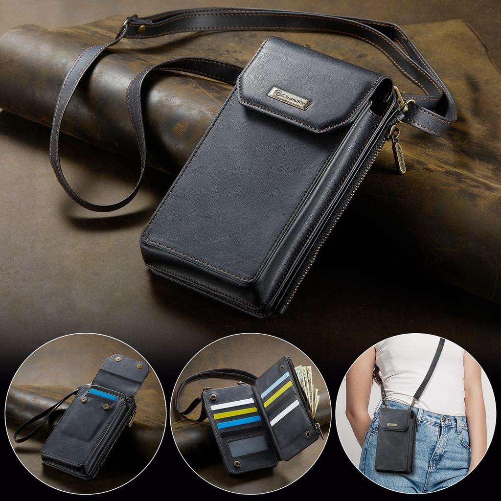 Multi-function Cellphone PU Leather 9 Card Slots Wallet Case with 2 Ropes for iPhone Samsung Xiaomi Anti-theft Brush Universal Size Zipper Bag