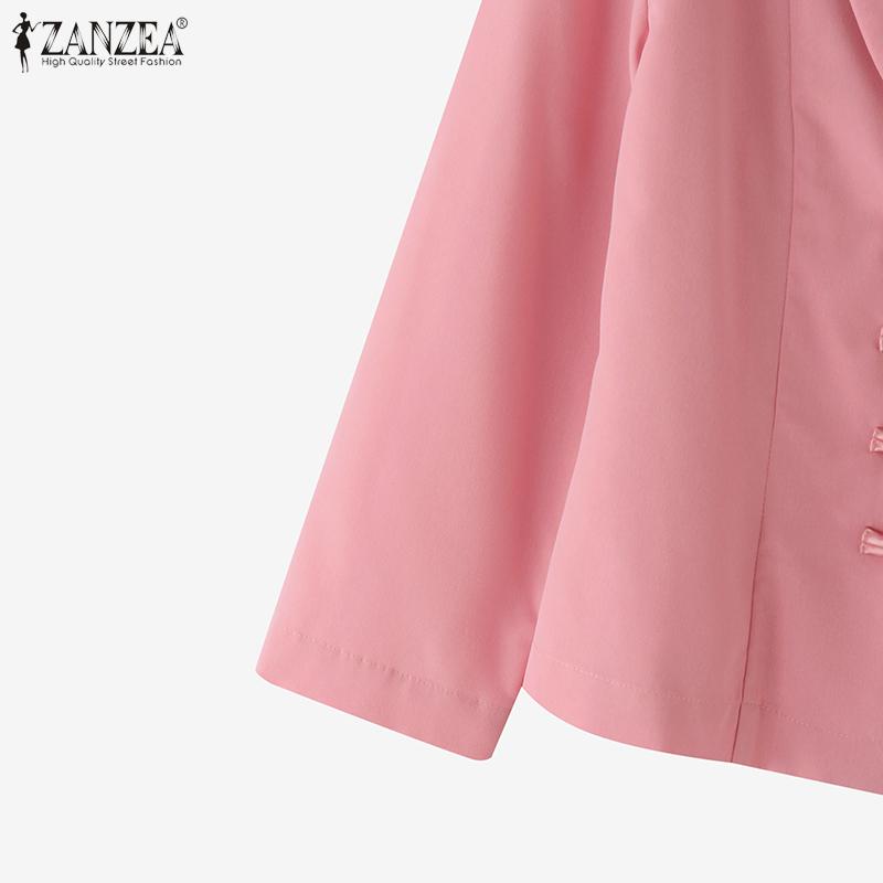 ZANZEA Женская элегантная блузка с отложным воротником, однотонная, с длинным рукавом