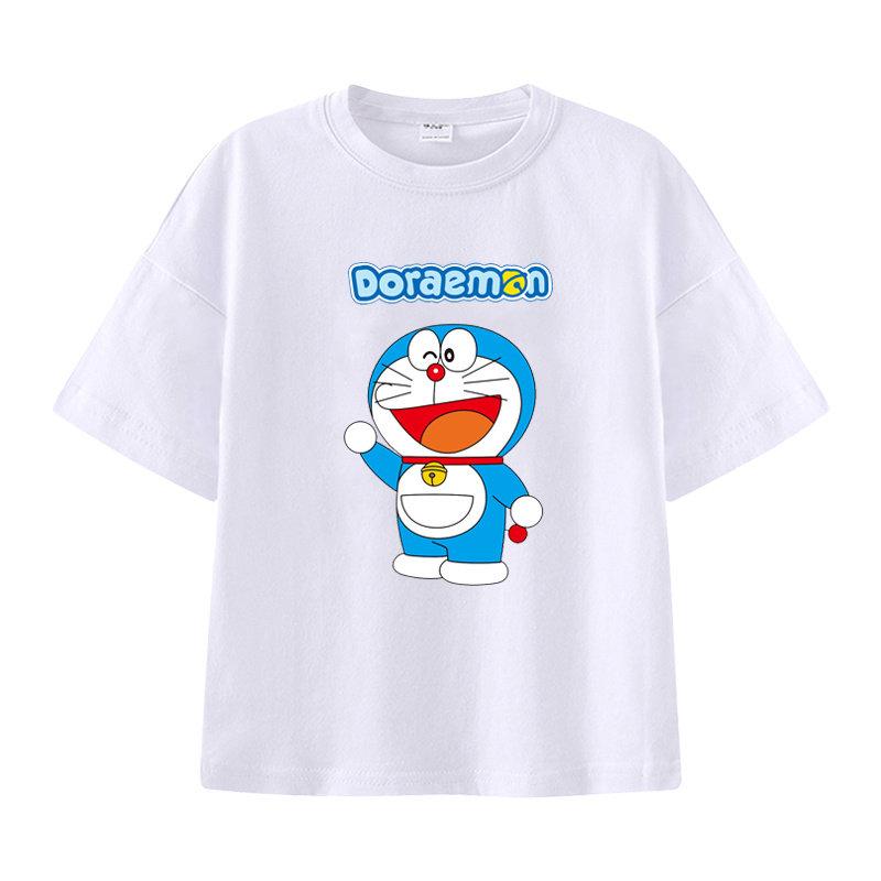 Pure Cotton Childrens Shortsleeved Tshirt for Summer Boys and Girls Halfsleeved Childrens Clothing with Doraemon Pattern