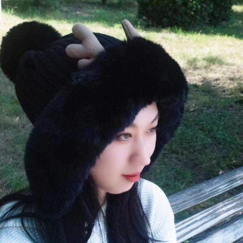 Рождественская шапка с ушками и рогами в корейском стиле, вязаная, с защитой ушей, осенне-зимняя шапка-ушанка с помпоном из плюша Лей Фэн