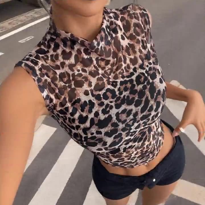 Women's Y2K Leopard Print Tank Tops Mock Neck Sleeveless Cheetah Print Slim Fit Top Shirts