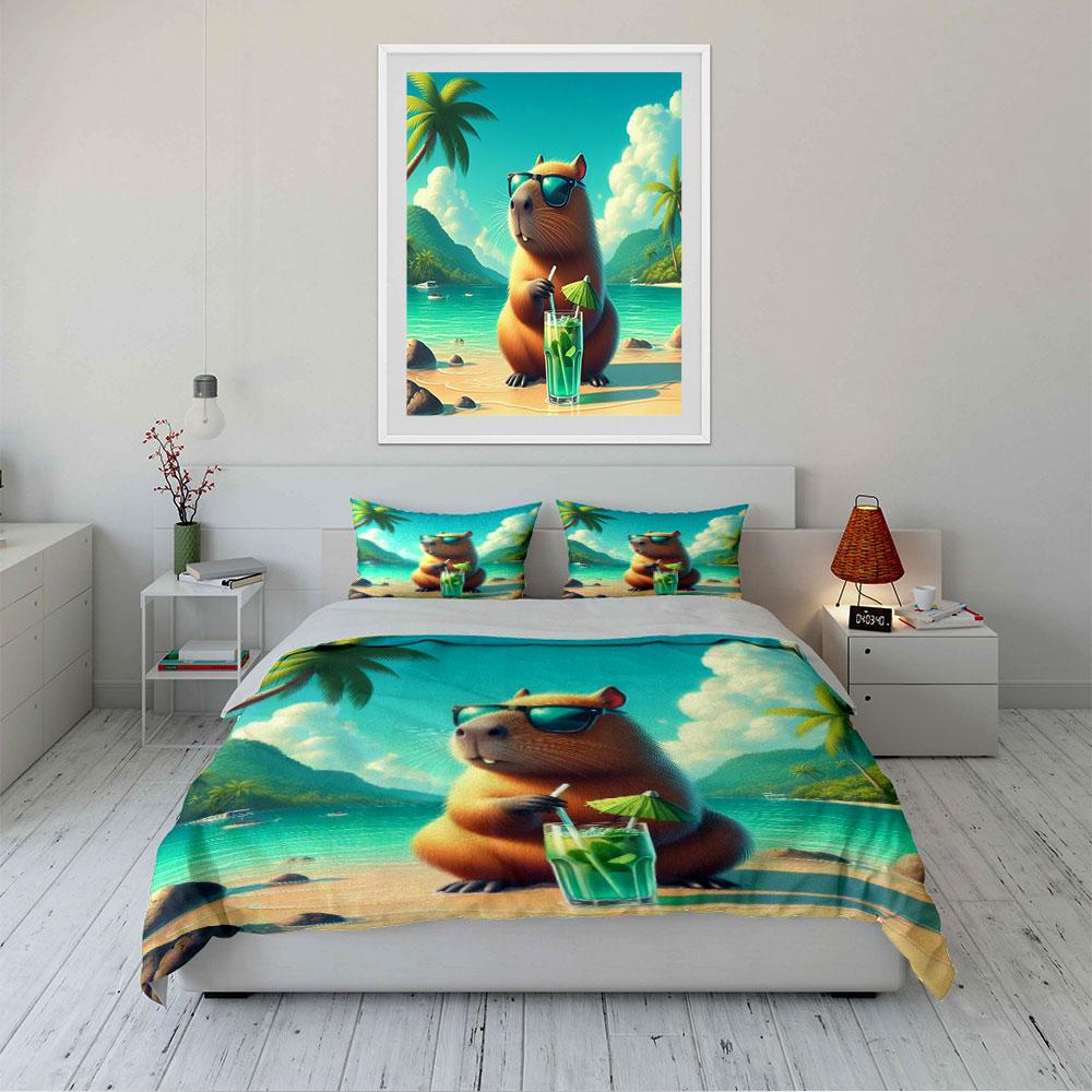 Relaxed Capybara Beach Design Bedding Duvet Cover Set Duvet Cover Pillowcases (1 * Duvet Cover 2 * Pillowcases, without duvet insert)