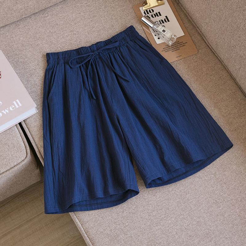 Women's Summer Cotton Linen Five Inch Breathable Mid Length Pants Casual Loose Oversized Wide Leg Pants