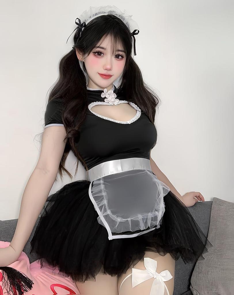 Униформа горничной Маскировка Открытая грудь Сексуальный Косплей Черно-белая кружевная мини-юбка Косплей Хэллоуин Цельный короткий рукав Экстремальное обнажение Сексуальный Эротический