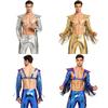 M-3XL Men Metallic Shiny Fringed Arm Sleeves Long Sleeve with Tassels Structured Epaulet Adjustable Chest Harness Club Party Crop Top
