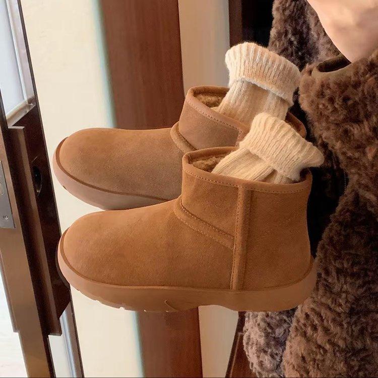 Cowhide Version~ Thick-soled Short Snow Boots Warm and Velvet Real Fur Integrated Snow Boots Cotton Shoes Winter Deep Short Boots