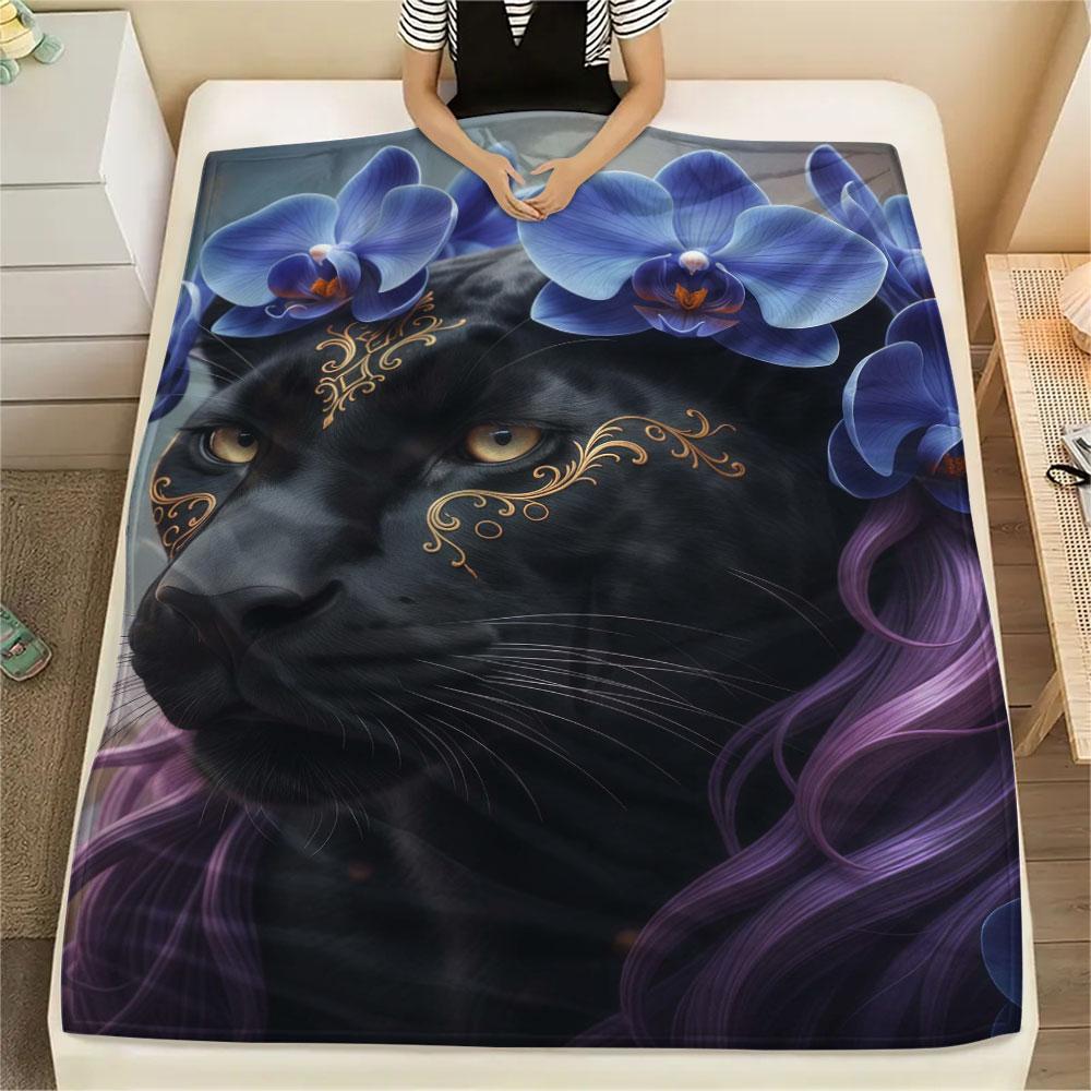 1Pc Animalswearingflowers Print Flannel Blanket, High quality Comfortable for All Seasons, Home Decor, Warmth and Comfort, Perfect for Christmas Gifts