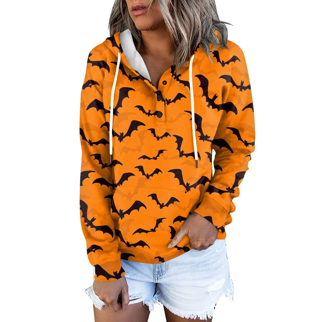 Women's Fashion Slim Fit Long Sleeve Halloween Print Hooded Sweatshirt Top