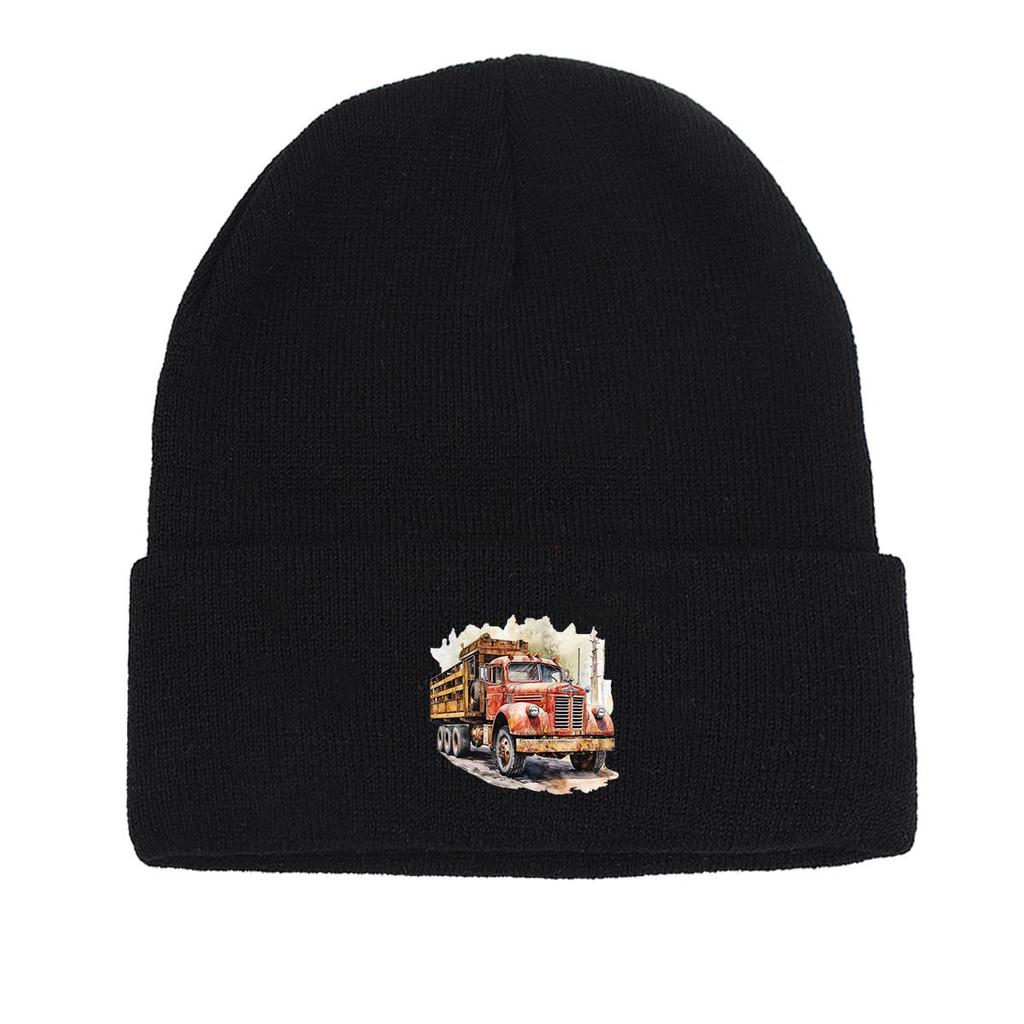 Vintage Pickup Truck Print Knit Cap Beanie, Skull Cap Windproof Fit Trendy Gorro Knitted Hat Beanie
