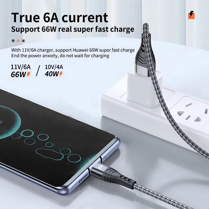 Кабель USB Type C 6A 66W SCP для Huawei Mate 40 Pro 5A Кабель для быстрой зарядки USB C Зарядный кабель Шнур передачи данных для Xiaomi Samsung OPPO 1/2/3M