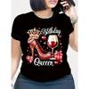 Red Birthday Queen Women's High Heels and Crown Wine Glass Pattern Tshirt Casual Short Sleeve Round Neck T-shirt Machine Wash
