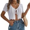 Women Crochet Tops Short Sleeve Lace-up Hollow Design Knitting Tops Sun Protection Summer Vacation Tops