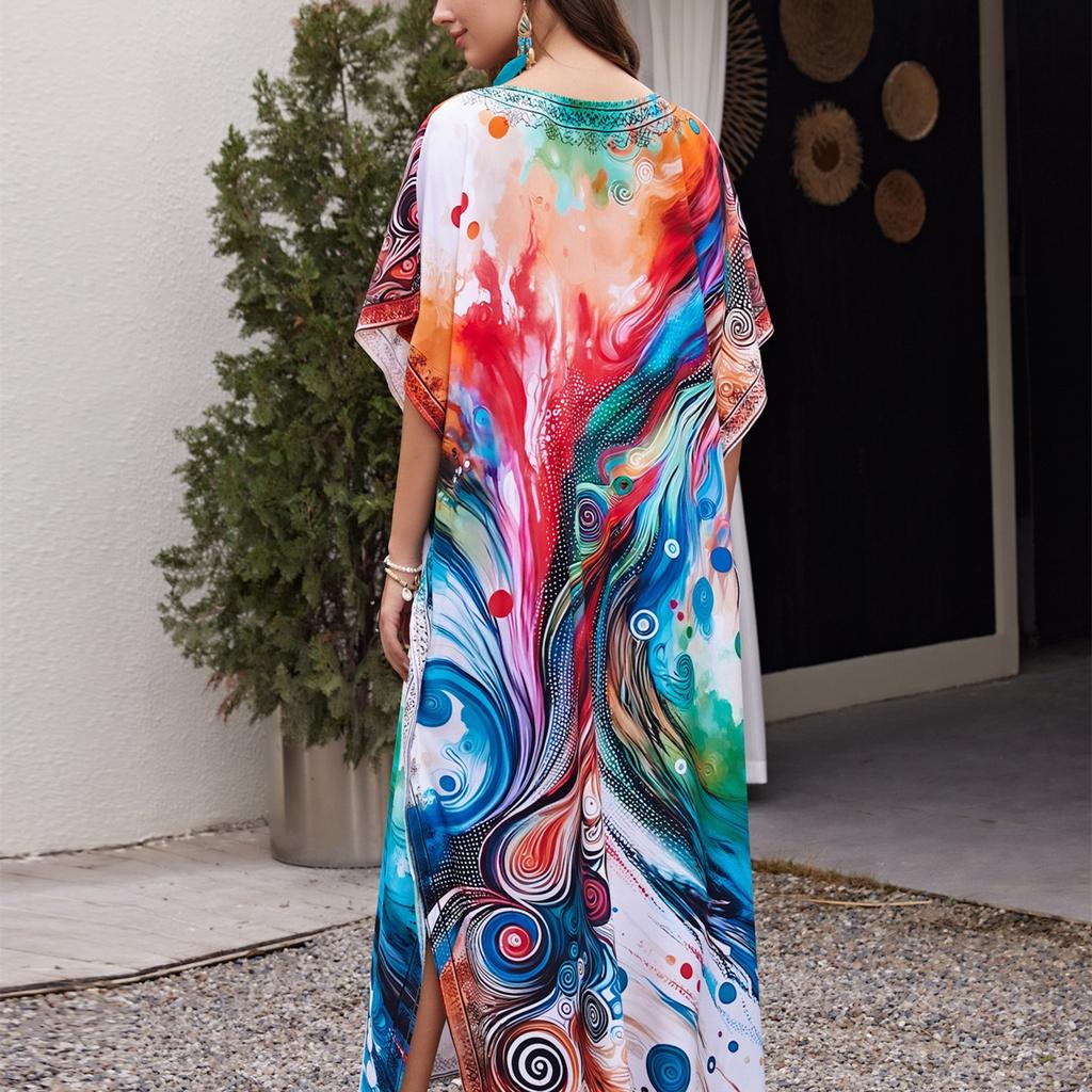 YYFS Женская мода отпуск лето весна абстрактный узор принт рукава 1/2 с v-образным вырезом повседневные платья