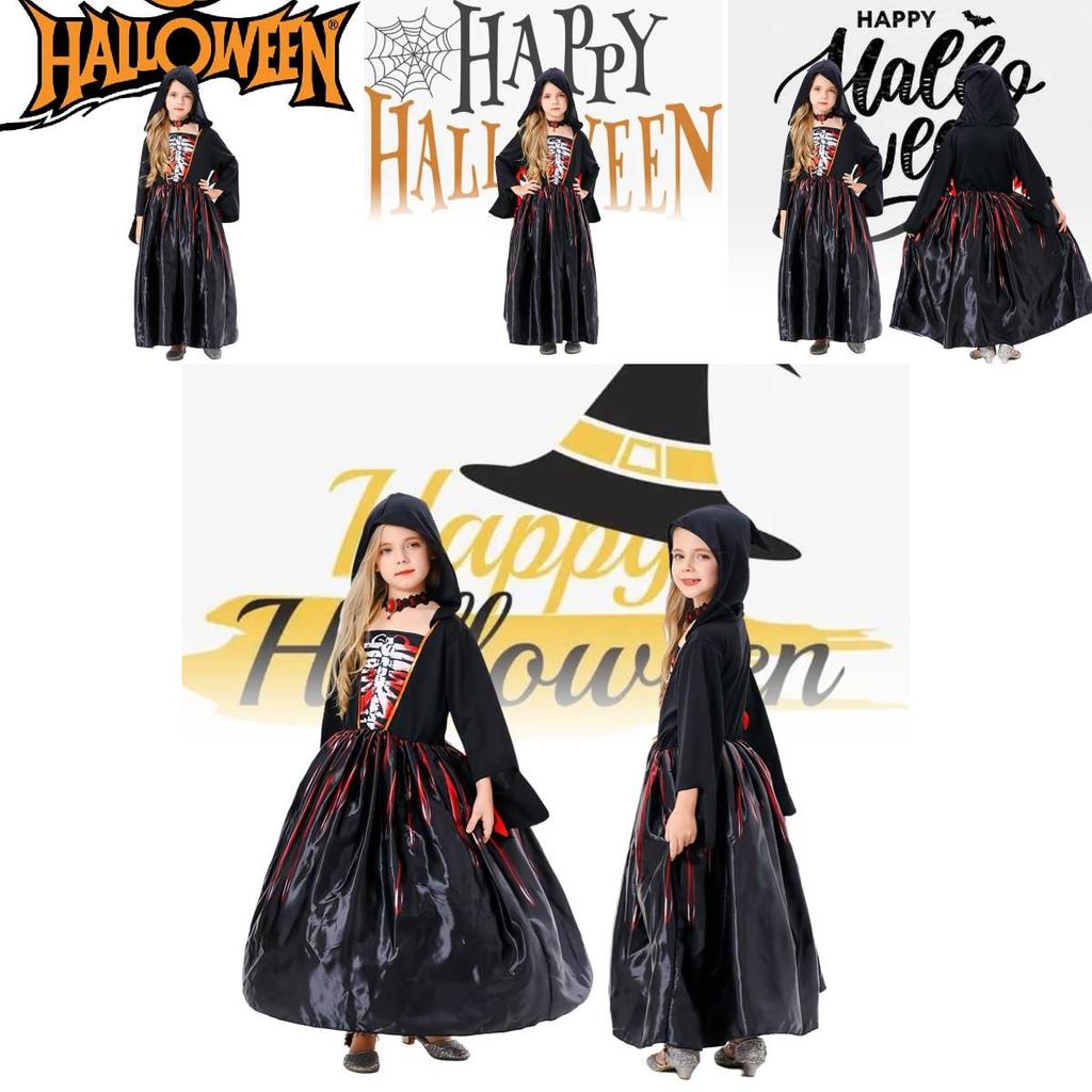 Жуткое черное платье для косплея на Хэллоуин для девочек с подходящим ожерельем