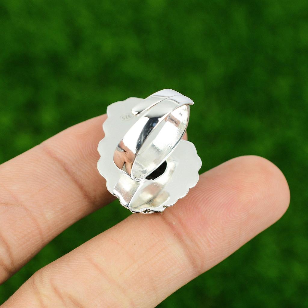 Black Rutile Stone 925 Sterling Silver Birthday Flower Statement Ring Jewelry