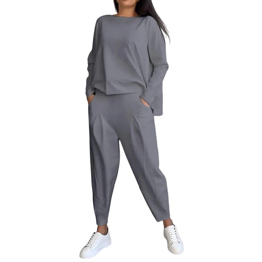 Spring Summer Autumn Suit Elegant Women's Top Pants Set with Long Sleeves O Neck T-shirt Elastic Waist for Fall for Office