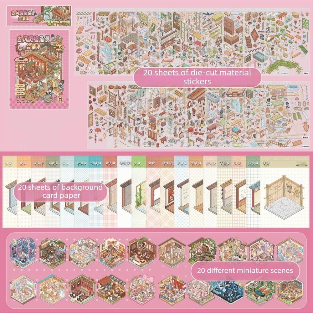 20 Scenes Landscape Sticker Book Ancient Chinese Style DIY Cabin Scene Sticker Children Gift
