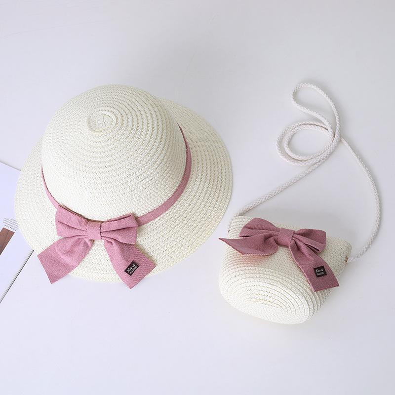 New Summer Baby Girls Straw Hat And Shoulder Bag 2pcs Set Parent-child Wide Brim Lace Holiday Beach Sun Hats Outdoor Bucket Cap
