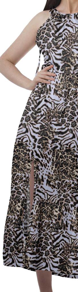 Moomaya Rayon Halter Neck Sleeveless Front Slit Holiday Dress Women Printed