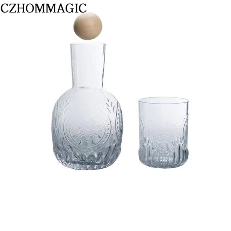 880ml Bedside Water Carafe Glass Cup Drinkware Set Vintage Transparent Cold Water Cup&Bottle for Pitcher Nightstand Bedroom Gift