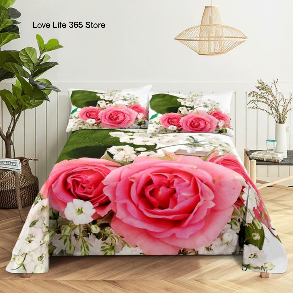 Pink Rose Bed Sheet Sets 3D Print Flowers Flat Soft Cover For Women Kids Girls King Queen Full Twin Size Linen Room Decor