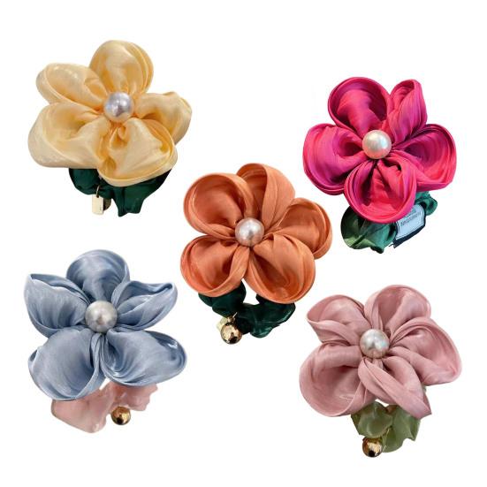 Hair Tie Handmade Satin Flower Decor Hair Tie with Imitation Pearls Large Elastic Soft Hair Band Autumn Winter Hair Accessories