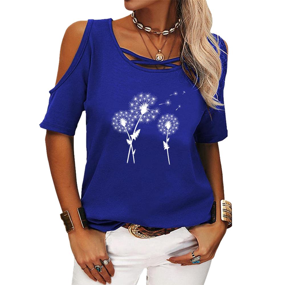 Women Fashion Off Shoulder T-shirt Ladies Casual Round Neck Floral Print Top Summer Short Sleeve Tee Shirt