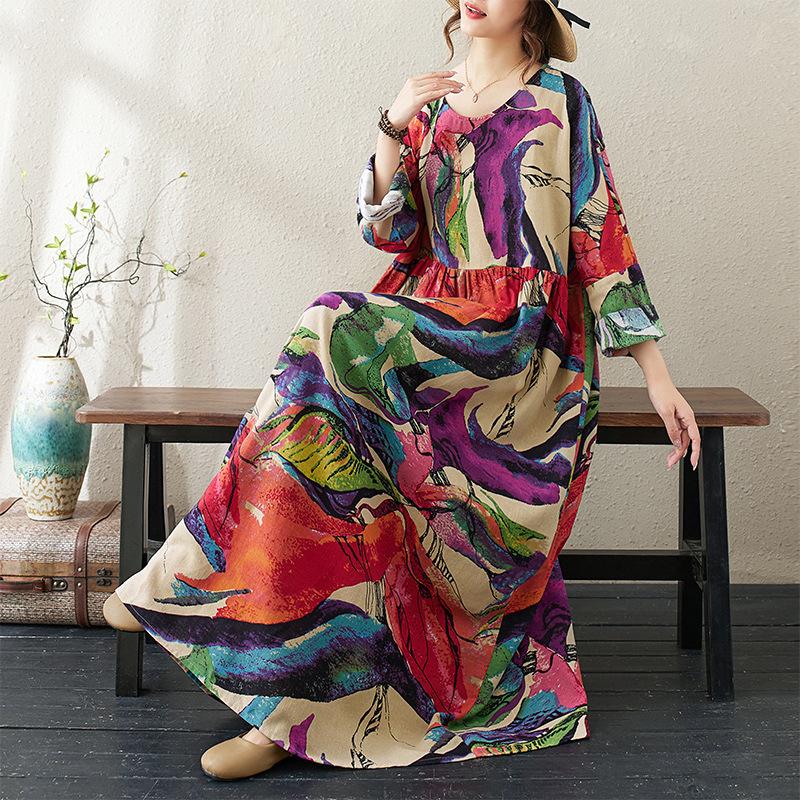 Осеннее плотное хлопковое конопляное набивное свободное платье большого размера Fat MM с длинным рукавом для женщин