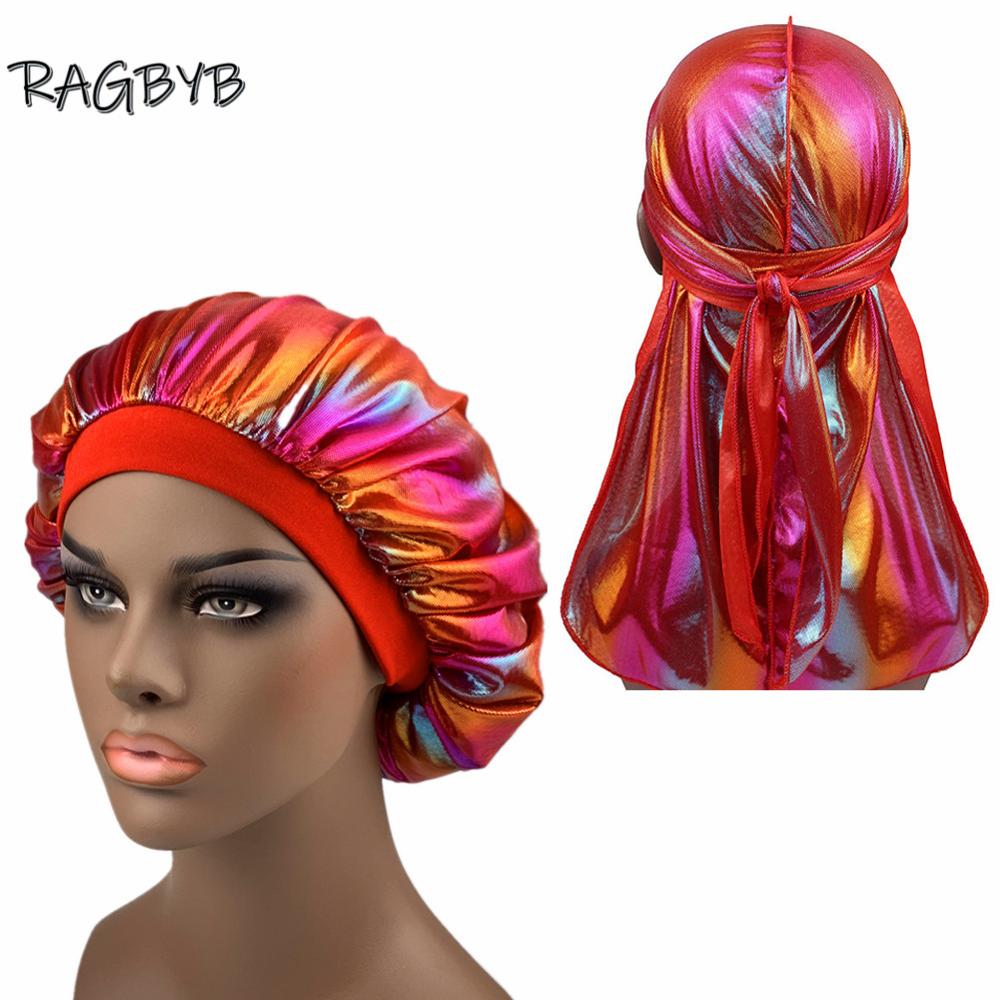 Унисекс блестящий шелковый Durag соответствующий набор для чепчиков мужской шелковистый Durag банданы чепчик для женщин шапочка для сна волнистая шапочка для волос платок Durag
