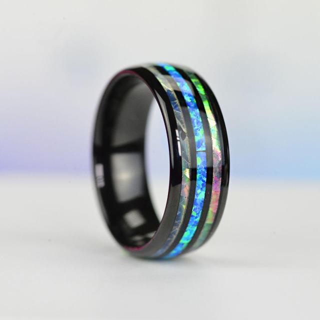 Fashion 8mm Rose Gold Tungsten Wedding Men Stainless Steel Rings Inlay Abalone Shell Blue Opal Rings Men Wedding Band Jewelry
